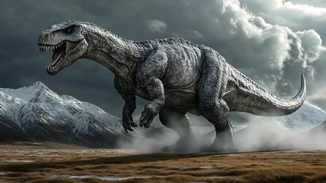Massive dinosaur roams through a dramatic landscape under dark, stormy skies