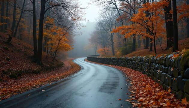 Winding road goes through autumn forest on rainy day. Wet asphalt reflects light. Stone wall goes near path strewn with fallen leaves. Beautiful tranquil fall landscape, scenic nature view.