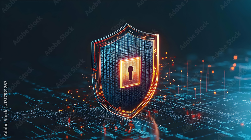 Poster glowing digital shield protecting sensitive data from cyber threats in a futuristic cyberspace