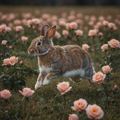 Fototapeta premium A rabbit sprinting through a soft rose-colored field.
