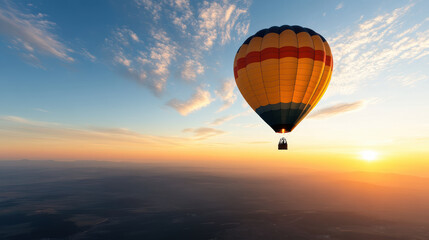 Fototapeta premium vibrant hot air balloon soaring through colorful sunset sky