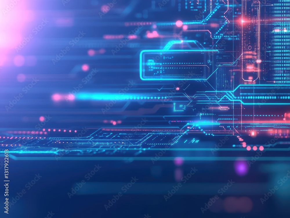 Poster futuristic computer circuit board illuminated with vibrant blue and pink led lights creating an inno