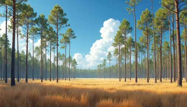 Pine flatwoods of Florida on clear day. Grass field below tall trees under blue sky with white clouds. Natural habitat, ecology, plantation, horticulture, ecosystem. Nature scene for natural resource