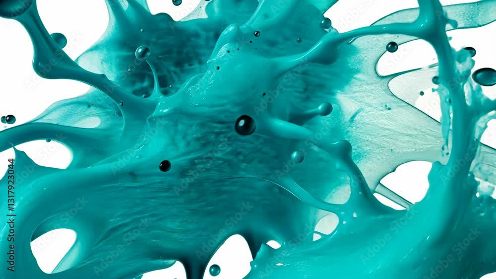 Poster bright turquoise paint splashes dynamically against a white background showcasing vibrant motion and