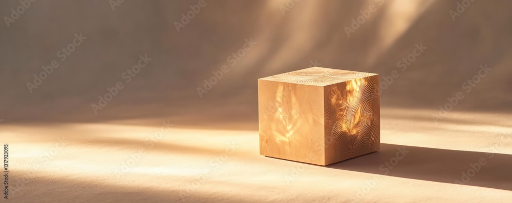 Poster illuminated wooden cube with textured surface rests on a backdrop