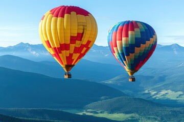 Naklejka premium Vibrant Colorful Hot Air Balloons Ascending Against a Clear Blue Sky in a Joyful Display of Freedom and Adventure in a Scenic Outdoor Setting