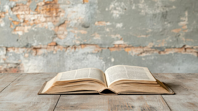 open book resting rustic wooden table against weathered wall evokes sense of history and