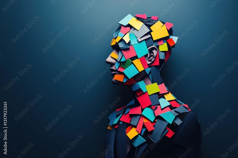 Poster vibrant artistic expression featuring a person whose face is crafted from colorful paper creating a 