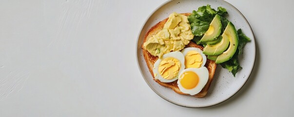 An overhead view shows a healthy breakfast plate presentation with multiple foods