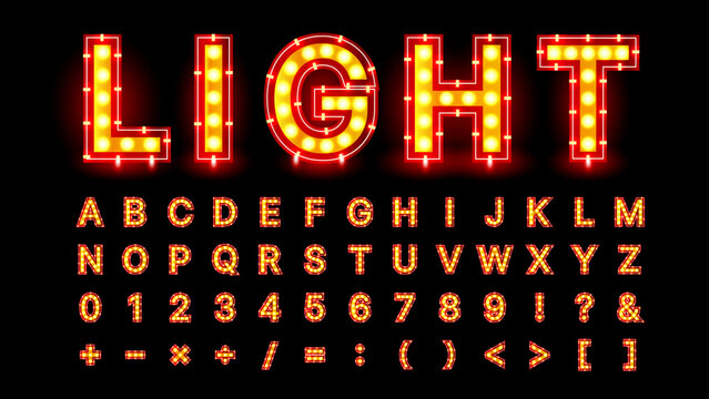 Retro Lightbulb Font Collection: Broadway Glowing Fonts in Show Style - Eye-Catching Alphabet and Numbers for Creative Projects | Vector Fonts Design