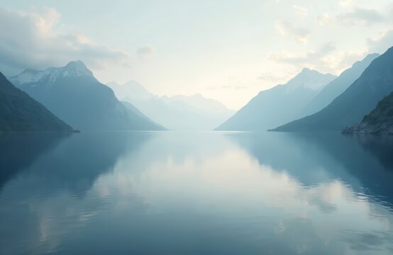 Majestic misty mountains reflect in tranquil blue water. Mountain range, serene lake create picturesque scenery. Calm water mirror reflects scenic peaceful landscape with fresh clean air.