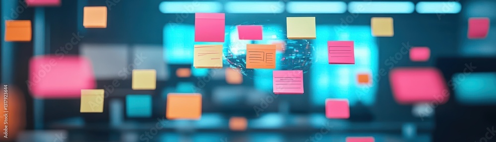 Poster transparent glass ball adorned with colorful sticky notes reflecting creativity and organization in 