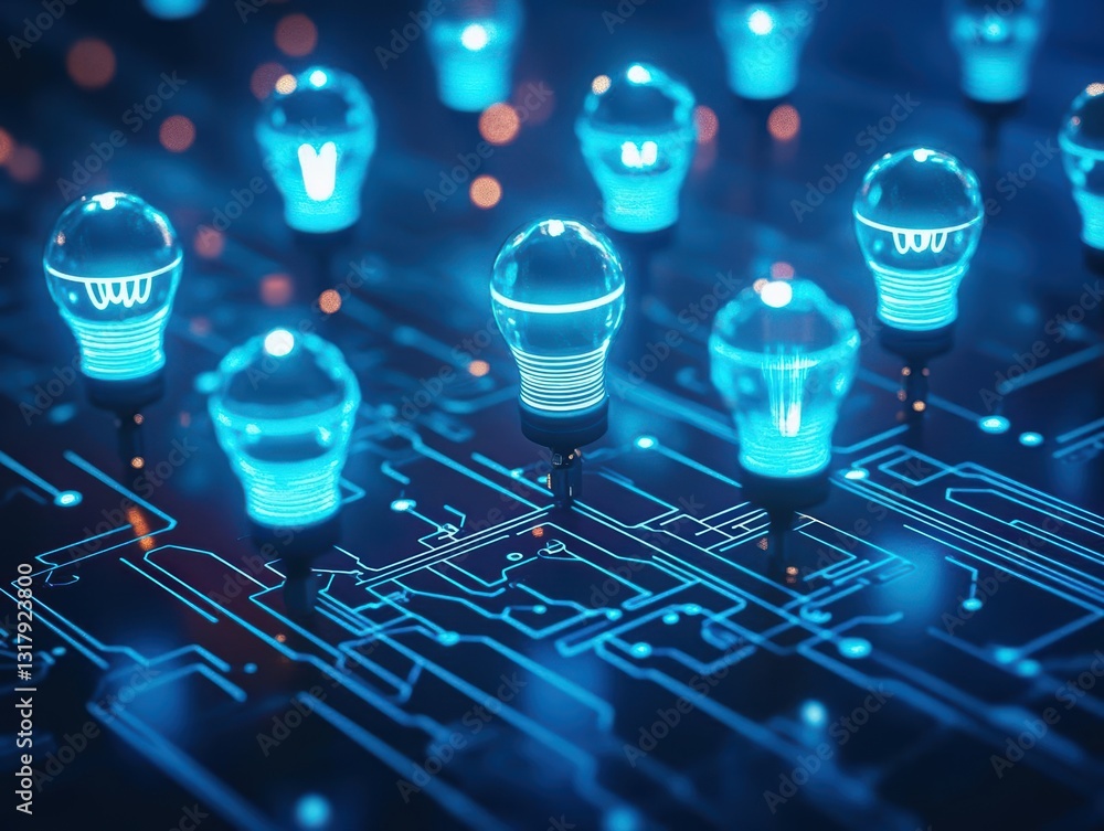 Poster intricate network of light bulbs illuminating a circuit with soft glow and vibrant energy creating a