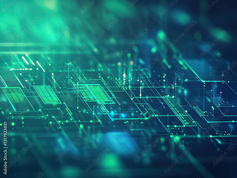 Poster intricate blue and green circuit design featuring a central circuit element symbolizing innovation a