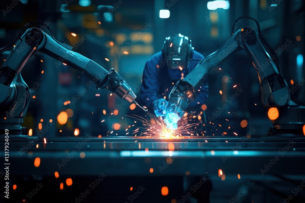 Poster skilled welder engaged in precision metalwork creating sparks in industrial workshop environment hig