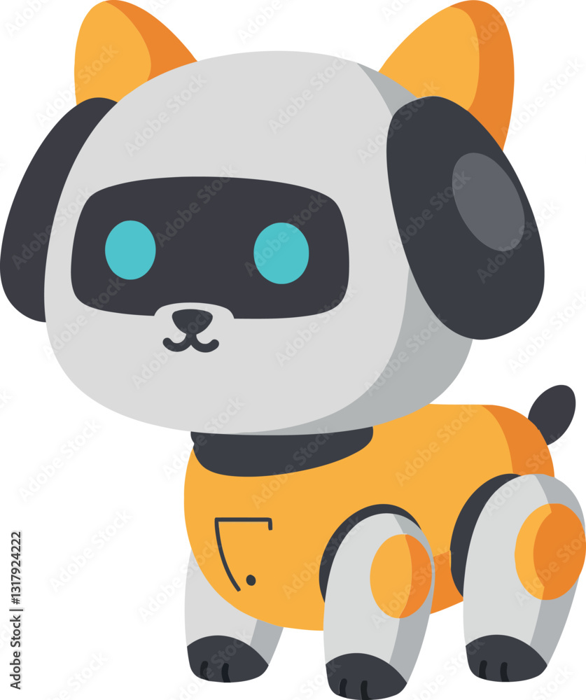 Poster cute robotic dog character with a friendly expression in a flat design style, featuring bright color