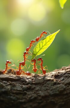 Ant bridge teamwork concept. Red ants carry green leaf together on tree. Team unity, working in cooperation on blurred nature background. Macro photo of industrious insect group.