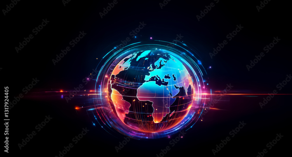 Poster a digital globe with vibrant glowing lights encircles the continents, creating a futuristic and tech