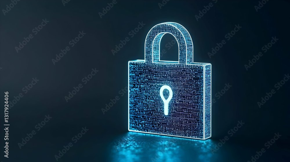 Poster illuminated blue digital lock symbol against a dark background representing data protection and netw