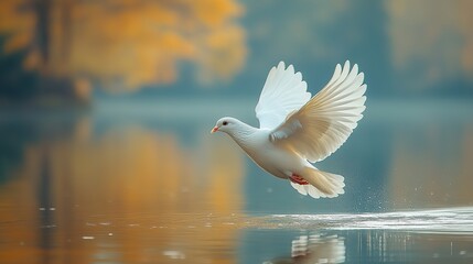 a white dove gliding gracefully over a tranquil lake reflecting its image in the water below