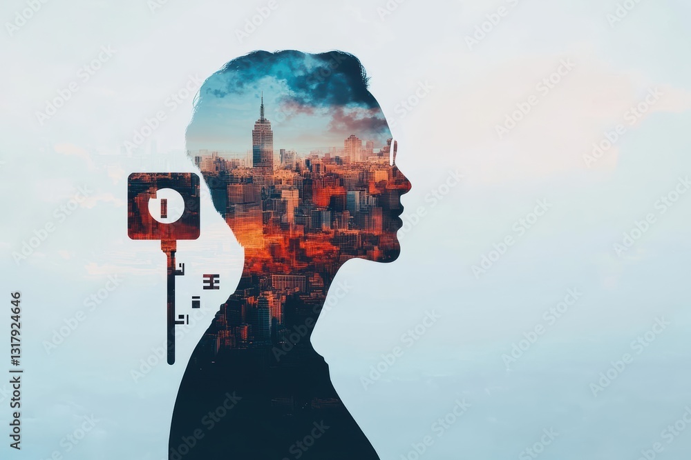 Poster thoughtful man contemplating life with key embedded in his head symbolizing unlocking potential and 