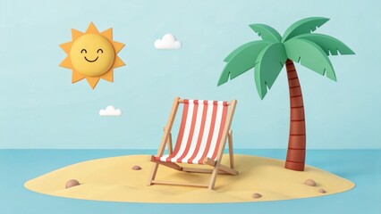 Obraz premium A beach chair sits on a small sandy island, with a palm tree and smiling sun, creating a relaxing, vacation vibe.