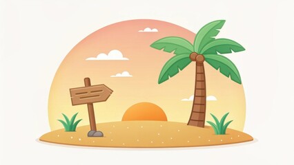 Obraz premium Tropical island with a palm tree, a wooden signpost, sunset view, small plants, sand, and a few clouds.