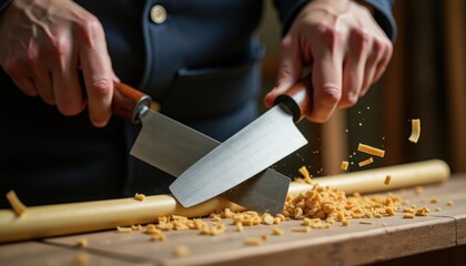 Craftsman using traditional sharp tool for woodworking websites and carpentry tutorials