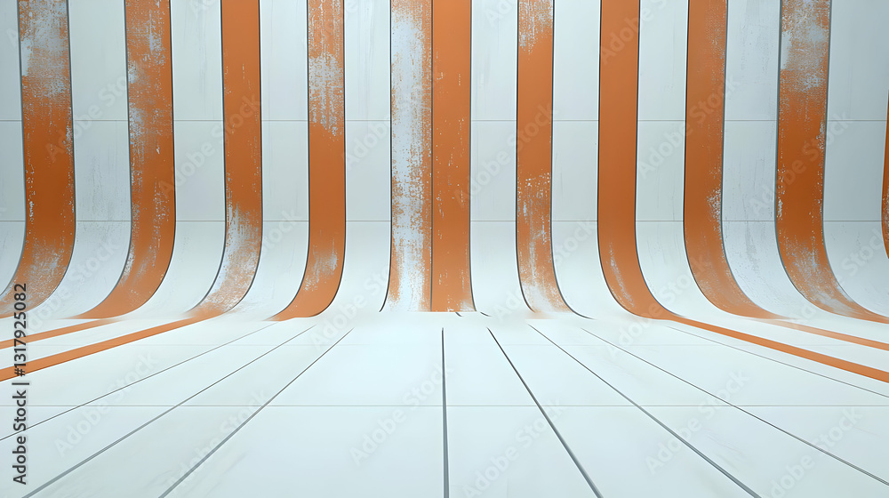 Poster white and orange vertical striped pattern on curved wall in a bright room with tiled floor and persp