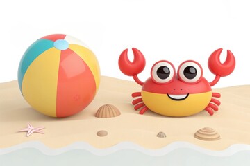 A cute crab sits on the beach beside a colorful beach ball, surrounded by seashells, starfish, and gentle waves lapping at the shore.