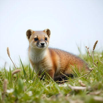 weasel in the grass in springtime in natural habbitat
