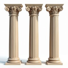 Obraz premium Three beige Greek columns stand isolated on white background. Antique pillars showcase classical architecture. Ionic order, marble texture, ancient temple elements present cultural heritage,