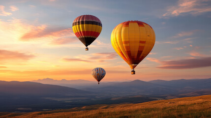 Obraz premium Breathtaking view of colorful hot air balloons floating at sunset