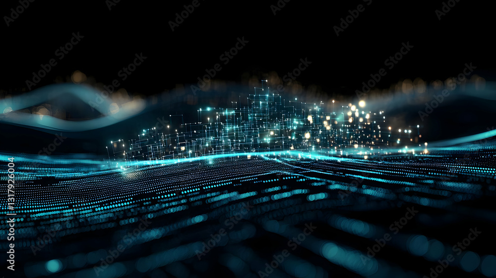 Poster futuristic digital cityscape with glowing blue particles data flowing across a dark background in a 