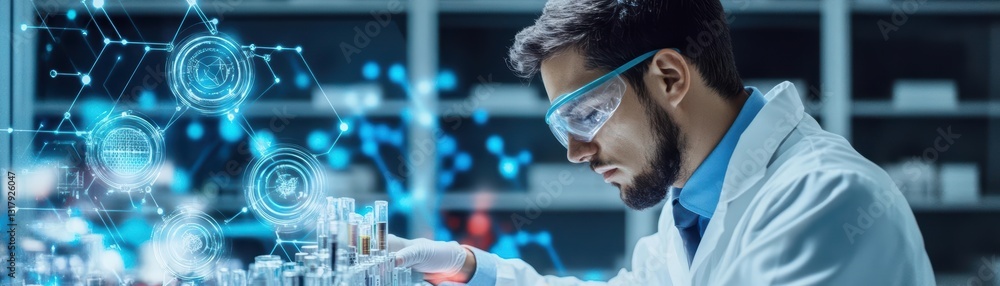Poster focused scientist analyzing data on tablet in modern laboratory environment surrounded by advanced e