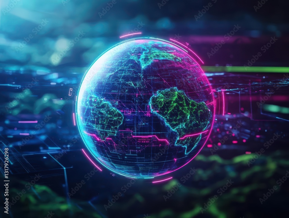 Poster futuristic world map with vibrant neon lines illuminating a deep blue background representing global