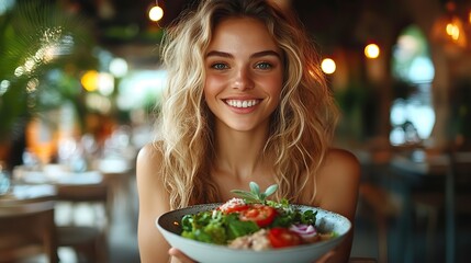 a woman enjoying her meal in a restaurant with a bowl of salad in front of her and a pleasant ambiance around her