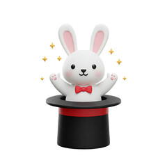 Collection of Isolated Cheerful 3D White Rabbit Characters Popping out of a Classic Magician's Hat