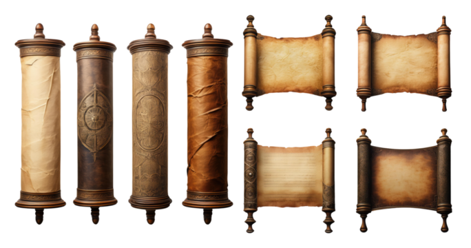 Ancient Scrolls and Manuscripts with Decorative Elements and Textures, PNG bundle collection, Isolated on Transparent Background