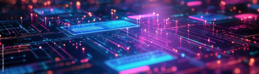 Poster intricate computer circuit board featuring glowing led lights creating a futuristic technological at