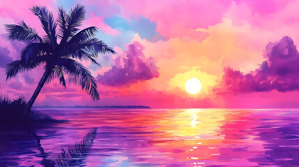 Fototapeta premium A painting of a tropical beach with a palm tree and a sunset in the background