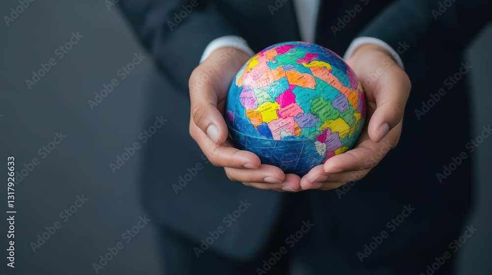 Poster individual cradling a globe symbolizing global unity and awareness in a thoughtful pose reflecting o