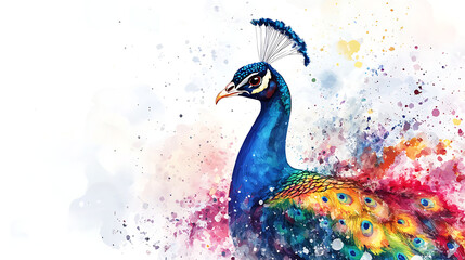 A colorful peacock with a blue head and green tail feathers