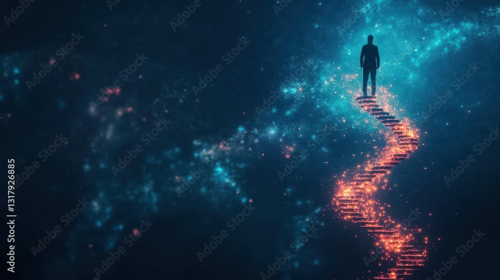 Poster a lone man balancing on a ladder in a vast galaxy filled with countless twinkling stars creating a s
