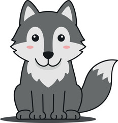Fototapeta premium Cute cartoon wolf character with fluffy gray fur and cheerful expression in minimal flat vector illustration