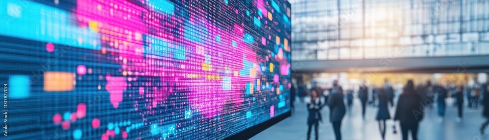 Poster vibrant urban scene with diverse group of people walking in front of a large colorful data display c