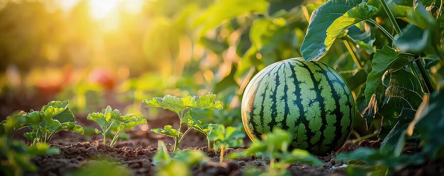 Delicious young watermelon round plant in dacha plantation evening photo clean and bright with limited depth of field, perfect for a thumbnail