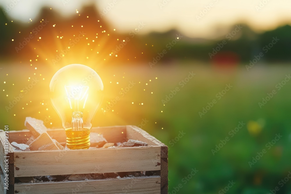 Aufkleber illuminated light bulb radiating warm glow inside rustic wooden crate creating cozy atmosphere with 