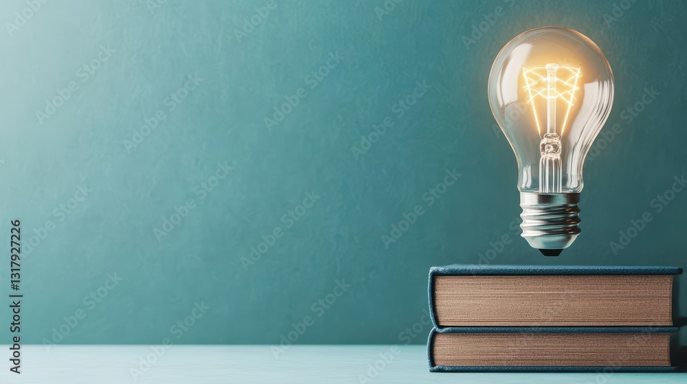 Poster illuminated light bulb resting on a stack of colorful books symbolizing knowledge and creativity ins