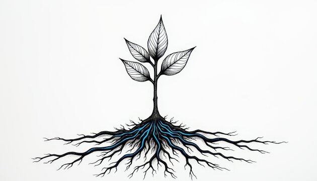 Minimalist tree with exposed roots for sustainability blogs, growth mindset websites, environmental presentations